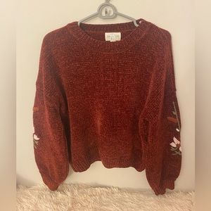 Embroidered Red Sweater with Green and White Flowers